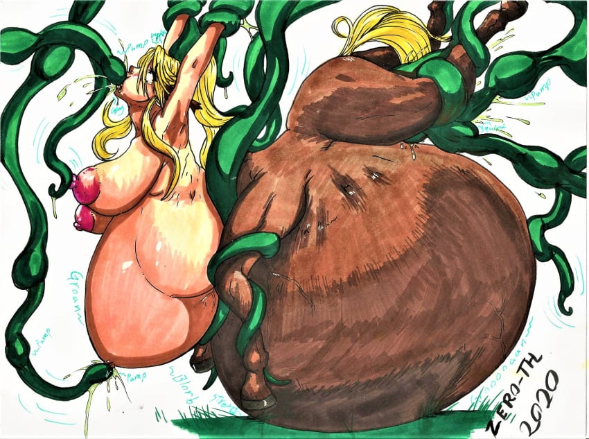 belly big_belly big_breasts blonde_hair breasts centaur centorea_shianus dual_belly_expansion huge_belly hyper hyper_belly hyper_pregnancy impregnation inflation large_breasts monster_girl monster_musume_no_iru_nichijou navel_penetration penetration pregnant pussy_juice taur tentacle tentacle_impregnation tentacle_in_mouth tentacle_penetration traditional_media_(artwork) triple_penetration zero-thl