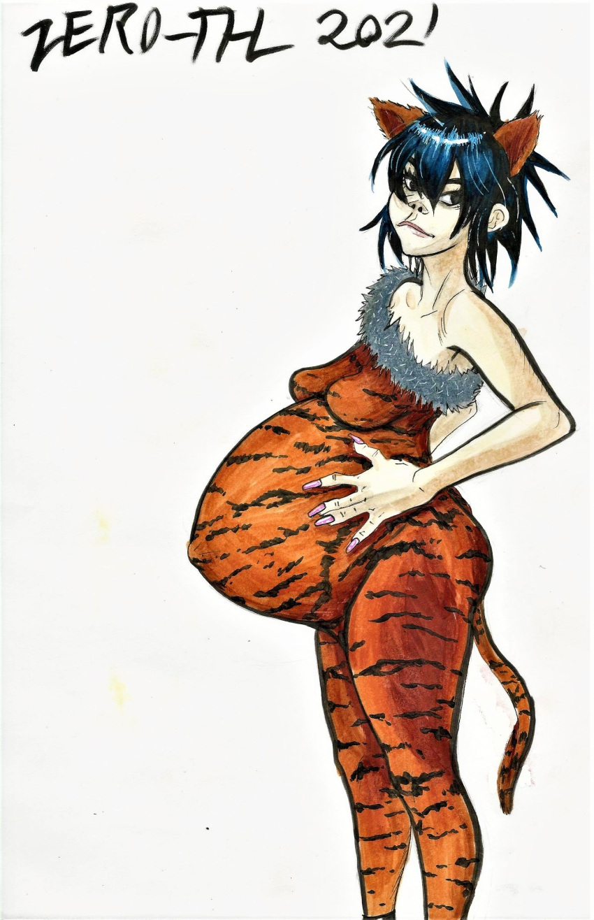 1girls 2021 asian belly big_belly black_hair breasts female female_only gorillaz hi_res noodle_(gorillaz) noodle_(song_machine) pregnant short_hair solo_female tiger_print traditional_media_(artwork) zero-thl