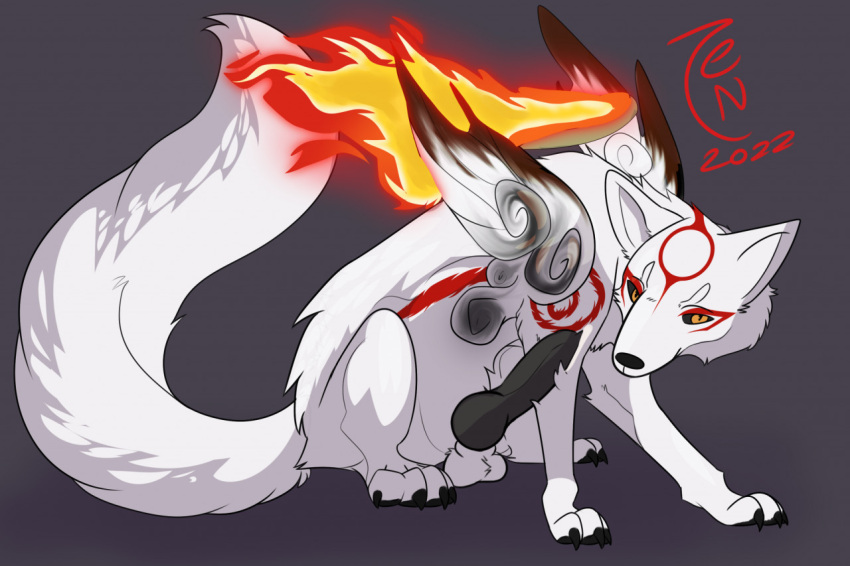 2022 amaterasu anatomically_correct anatomically_correct_genitalia anatomically_correct_penis animal_genitalia balls bedroom_eyes black_eyes black_nose black_penis brush canid canine canis capcom claws dated deity digital_media_(artwork) feral fire fluffy fluffy_tail fur genitals long_tail looking_at_viewer male male_only mammal markings narrowed_eyes okami paws penis pupils red_body red_fur rubbing_penis seductive sheath signature simple_background sitting slit_pupils smile solo video_games weapon white_body white_fur wolf yellow_sclera zeniarmr