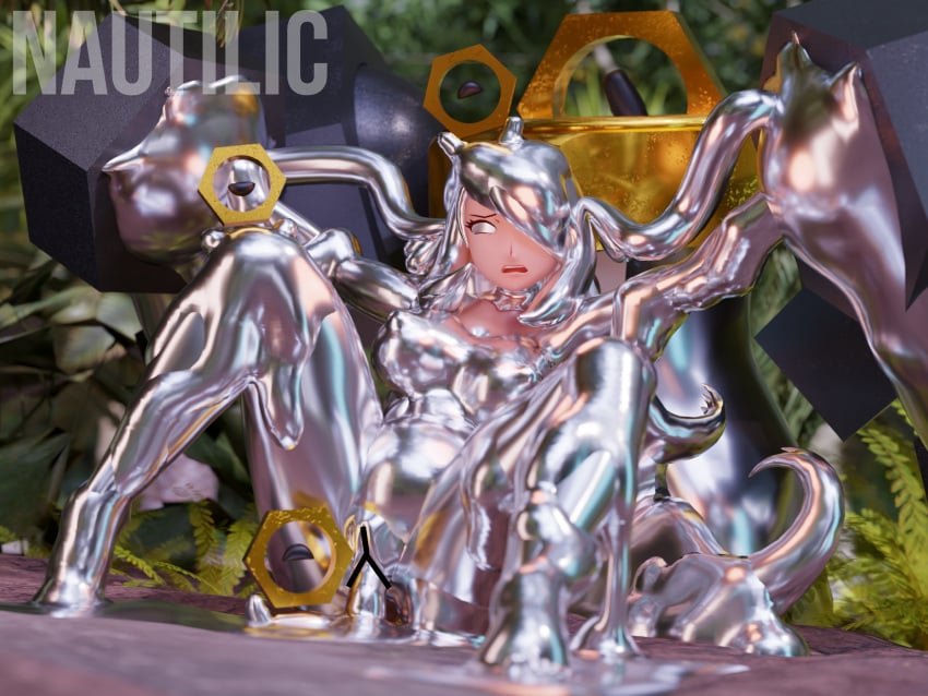 3d_(artwork) ambiguous_gender assimilation breasts censor_bar cynthia_(pokemon) digital_media_(artwork) female goo_transformation grey_eyes group hair hair_over_eye hi_res human legendary_pokémon mammal medium_breasts melmetal meltan nautilic nintendo nude one_eye_obstructed pokémon_(species) pokemon pokemon_champion restrained scared thick_thighs transformation video_games