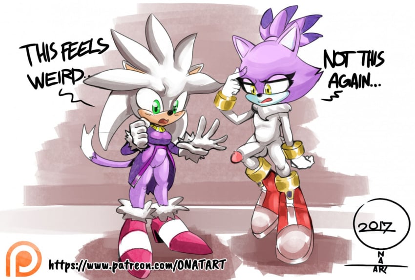 2017 after_transformation anthro blaze_the_cat breasts clothing domestic_cat duo eulipotyphlan felid feline felis female footwear genitals green_eyes head_swap hedgehog male mammal nipples onat patreon patreon_logo penis purple_body pussy sega shoes silver_the_hedgehog sonic_(series) sonic_the_hedgehog_(series) surprise white_body