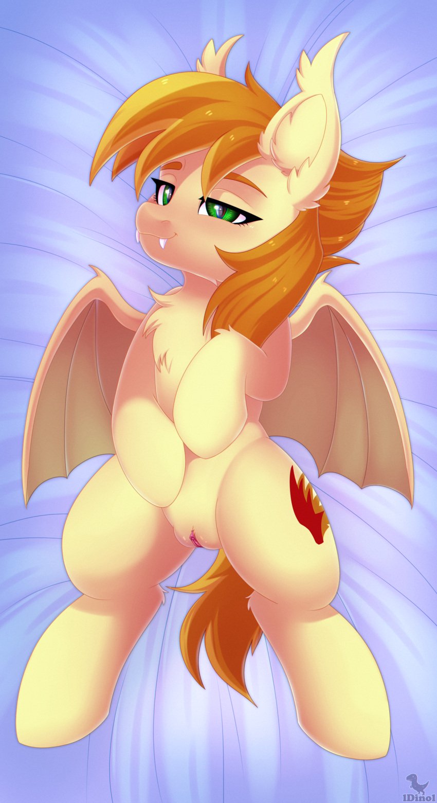 absurd_res bat_pony bat_wings clitoris cute_fangs cutie_mark dinoalpaka ear_tuft equid fan_character fangs feral fur genitals green_eyes hair half-closed_eyes hasbro hi_res inner_ear_fluff looking_at_viewer mammal membrane_(anatomy) membranous_wings my_little_pony narrowed_eyes orange_hair pussy solo tuft wing_claws wings yellow_body yellow_fur