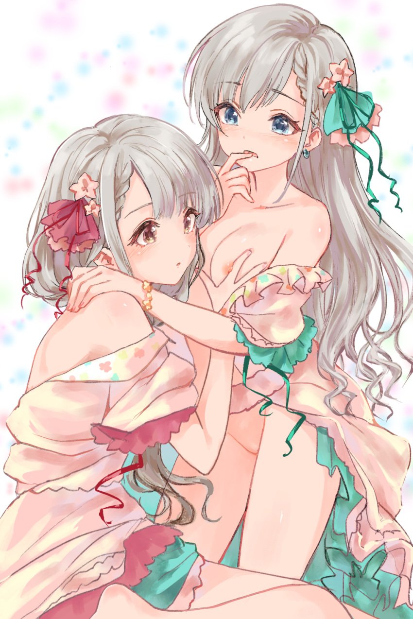 2girls babydoll bangs bare_shoulders blue_eyes blunt_bangs blush braid braided_bangs breast_grab breasts brown_eyes collarbone earrings finger_in_own_mouth finger_to_mouth frills grabbing grey_hair groping hair_ribbon highres hisakawa_hayate hisakawa_nagi hug idolmaster idolmaster_cinderella_girls idolmaster_cinderella_girls_starlight_stage incest jewelry kneeling lingerie long_hair looking_at_another low_twintails multiple_girls nipples no_panties off_shoulder open_mouth ribbon shirokuma-kun siblings sisters sitting twincest twins twintails underwear yuri