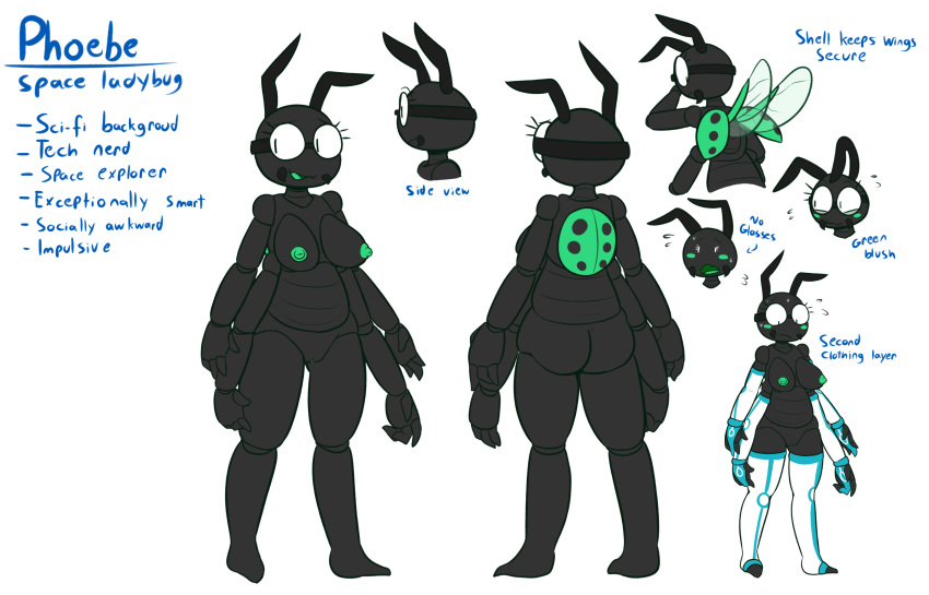 2022 4_arms absurd_res antennae_(anatomy) anthro armwear arthropod beetle black_antennae black_body black_exoskeleton black_eyes blue_armwear blue_clothing blue_gloves blue_handwear blue_legwear blush bodily_fluids breasts clothing cucujoid dot_eyes english_text exoskeleton eyewear felino female fingerless_gloves front_view genitals glasses gloves green_body green_exoskeleton green_nipples green_pussy handwear hi_res insect_wings insects ladybug legwear looking_away mandibles medium_breasts multi_arm multi_limb multiple_angles nipples open_mouth phoebe_(felino) pussy rear_view side_view simple_background smile solo standing sweat sweatdrop text toeless_legwear white_armwear white_background white_clothing white_eyes white_legwear wings