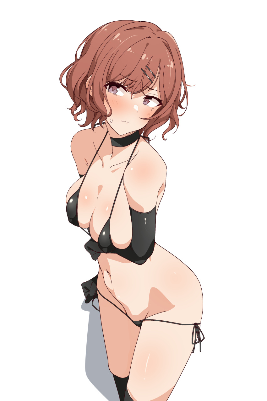 absurdres bangs bare_shoulders bikini blush breasts brown_hair cleavage collarbone female female highres higuchi_madoka idolmaster idolmaster_shiny_colors large_breasts looking_at_viewer mole mole_under_eye purple_eyes seihekiog short_hair simple_background solo swept_bangs swimsuit thighs