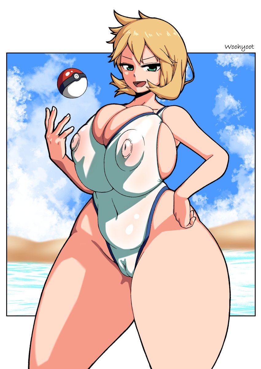 alternate_breast_size beach breasts busty cameltoe clothing competition_swimsuit cowboy_shot curvaceous female female_only game_freak green_eyes high_resolution hips huge_breasts jacket kasumi_(pokemon) large_breasts legs navel nintendo nipples nipples_visible_through_clothing ocean one-piece_swimsuit orange_hair poke_ball pokemon pokemon_(game) pokemon_gsc pokemon_hgss short_hair skindentation smile solo standing swimsuit tank_suit thick_thighs thighs tomboy very_high_resolution voluptuous water white_swimsuit wide_hips woohyoot