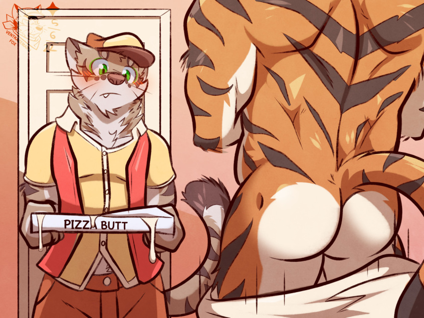 ass blush delivery_(commerce) duo fangs felid food_delivery leopard lin_hu male male/male mammal muscular nekojishi pantherine pizza_box pizza_delivery rear_view shu-chi stripes studio_klondike tiger towel towel_only ventkazemaru video_games visual_novel whiskers