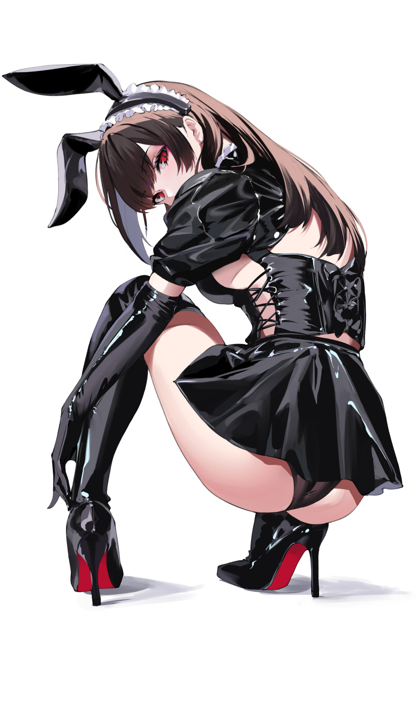 1girls big_ass black_panties brown_hair bunny_ears female female_focus female_only high_heels highheels latex latex_clothing latex_gloves latex_thighhighs looking_at_viewer maid_headdress medium_breasts original panties red_eyes skirt spider_apple tagme