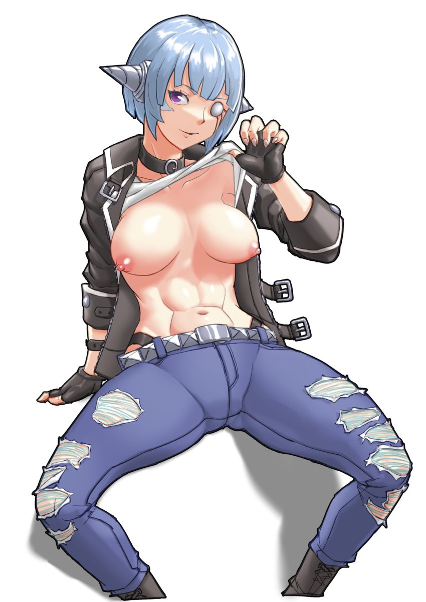 abs alternate_version_available android autonomous_android_mk.2_(guardian_tales) blue_hair breasts gloves guardian_tales highres medium_breasts mk.2_(guardian_tales) purple_eyes ripped_pants shirt shirt_lift short_hair