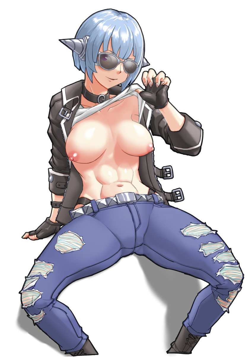 abs alternate_version_available android autonomous_android_mk.2_(guardian_tales) blue_hair breasts gloves guardian_tales highres medium_breasts mk.2_(guardian_tales) purple_eyes ripped_pants shirt shirt_lift short_hair sunglasses tinted_eyewear