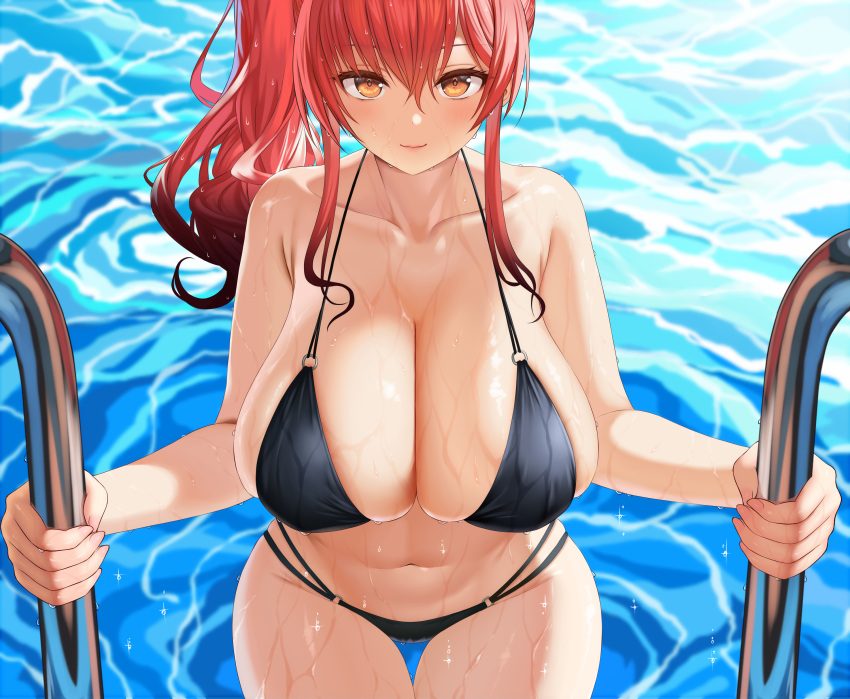 1girls absurd_res asamura_hiori azur_lane bangs bikini black_bikini blush breasts clavicle cleavage closed_mouth collarbone female full_cleavage getting_out_of_pool goggles goggles_on_head hair_between_eyes hair_ornament hi_res highres large_breasts long_hair looking_at_viewer navel o-ring orange_eyes pool pool_ladder red_hair side_ponytail sidelocks smile solo swimsuit thigh_gap thighs tied_hair water wet wet_skin wide_hips yellow_eyes zara_(azur_lane) zara_(poolside_coincidence)_(azur_lane)