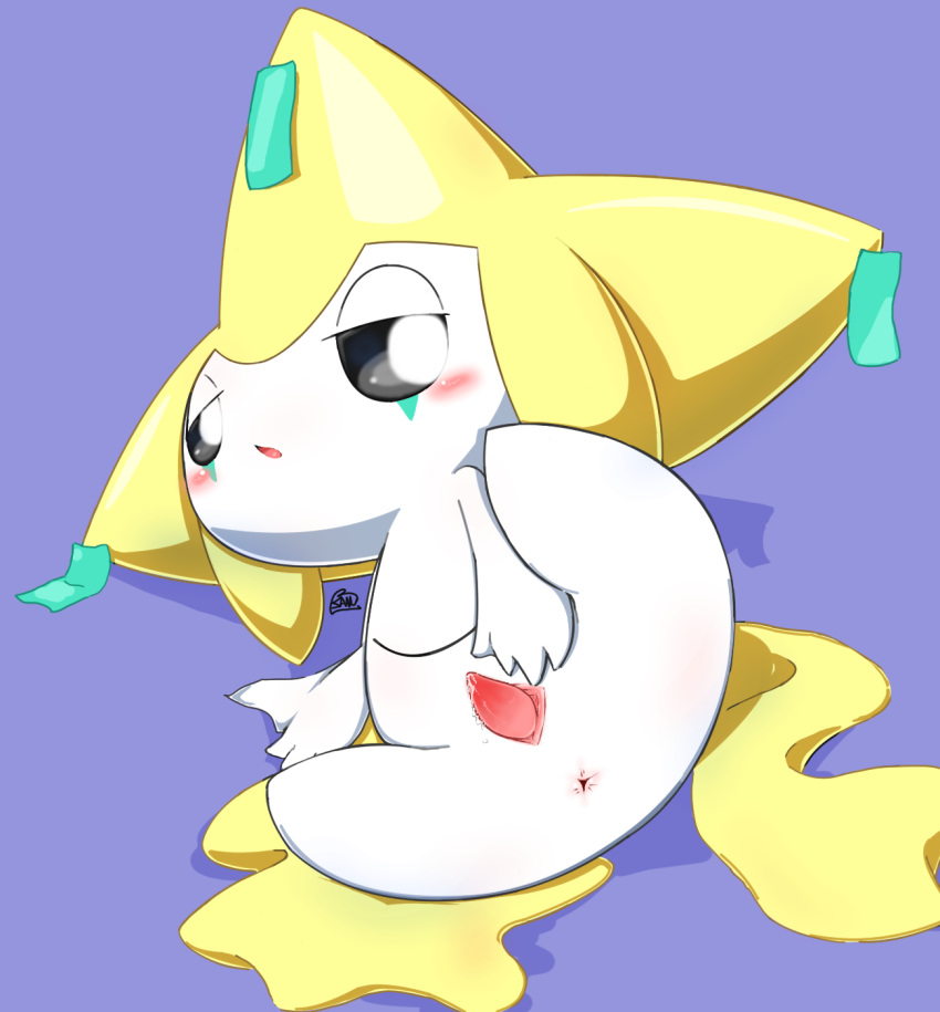 animal_genitalia anthro anysone_leg_up blue_background blush bodily_fluids genital_fluids genital_slit genitals half-closed_eyes hi_res jirachi legendary_pokemon lying male narrowed_eyes nintendo on_side penis pokémon_(species) pokemon pokemon_(species) precum sanusanu signature simple_background slit solo tapering_penis video_games white_body