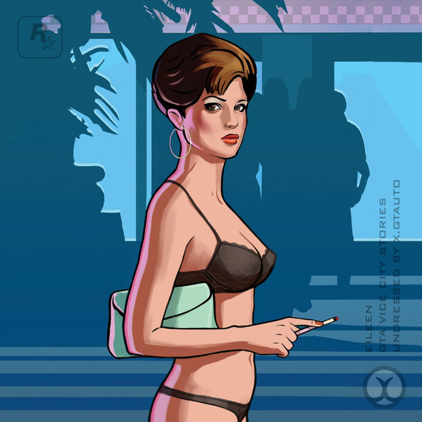 1girls black_bra black_panties breasts cigarette eileen_(gta) female grand_theft_auto grand_theft_auto:_vice_city grand_theft_auto:_vice_city_stories gtauto-x underwear