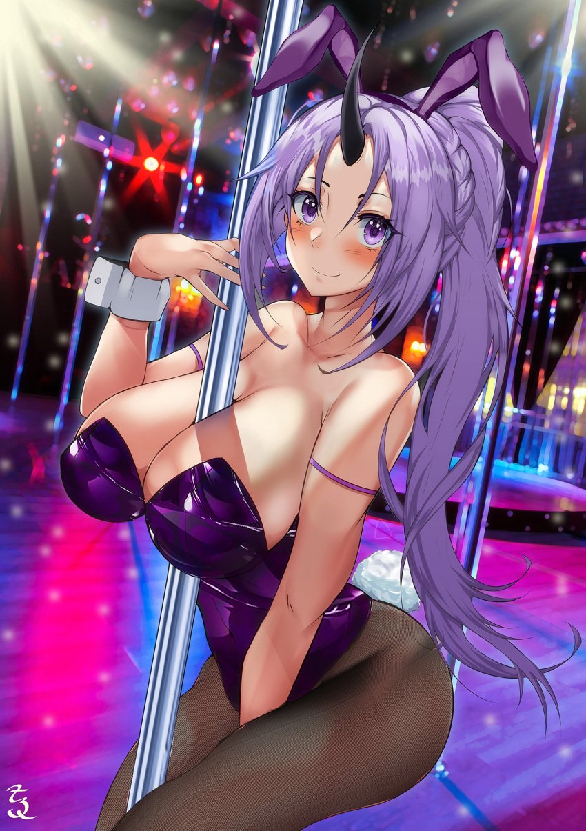 1girls \||/ bangs bare_arms bare_shoulders between_breasts between_legs blurry blurry_background blush braid breasts bunny_ears bunnysuit closed_mouth collarbone eyelashes female forehead hand_between_legs high_ponytail highleg highleg_leotard highres horn horns huge_breasts indoors large_breasts leotard looking_at_viewer oni_horns pantyhose parted_bangs playboy_bunny pole pole_between_breasts pole_dancing purple_eyes purple_hair purple_headwear purple_leotard shadow shion_(tensei_shitara_slime_datta_ken) single_horn smile solo stage stage_lights strapless strapless_leotard stripper_pole t3x tensei_shitara_slime_datta_ken v-shaped_eyebrows wrist_cuffs