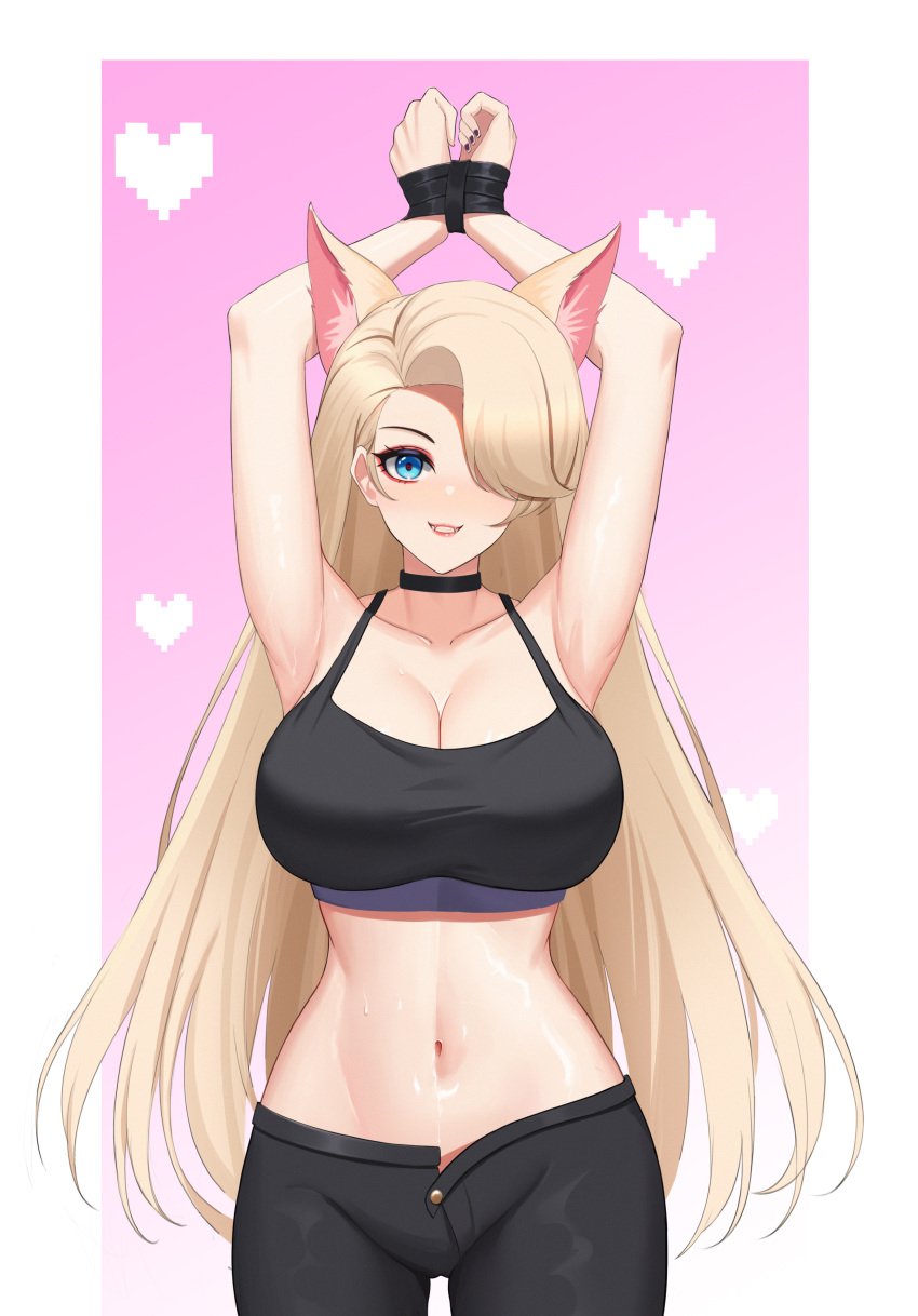 1girls a-soul big_breasts blonde_hair blue_eyes breasts cat_ears clothing eileen_(a-soul) female female_only huge_breasts large_breasts light-skinned_female light_skin long_hair navel one_eye_covered solo solo_female sports_bra taped_wrists very_long_hair virtual_youtuber