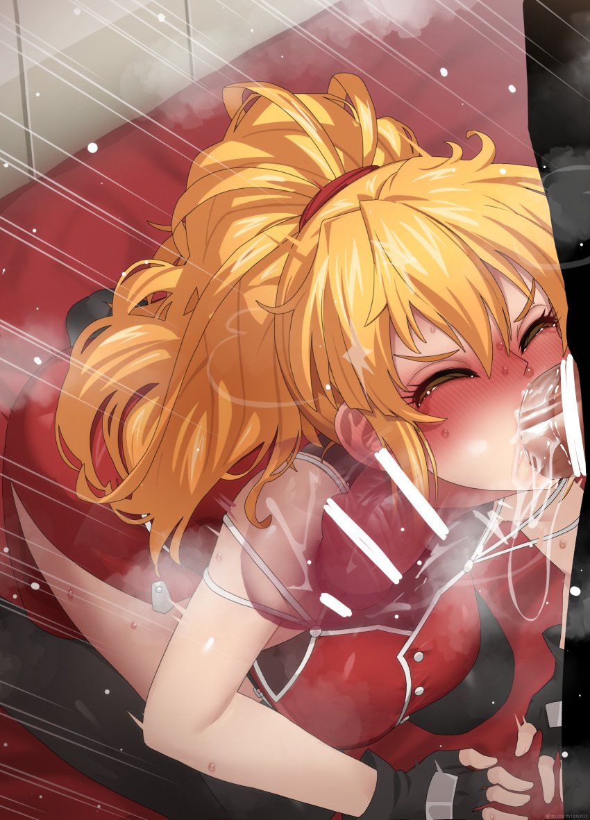 1boy 1girls big_breasts big_penis blonde_hair blowjob blush breasts censor_bar censored censored_penis closed_eyes clothed_female deepthroat excellen_browning eyes_closed fellatio female huge_cock kneeling large_penis mizumizuni oral penis ponytail saliva super_robot_wars sweat thighhighs veiny_penis x-ray