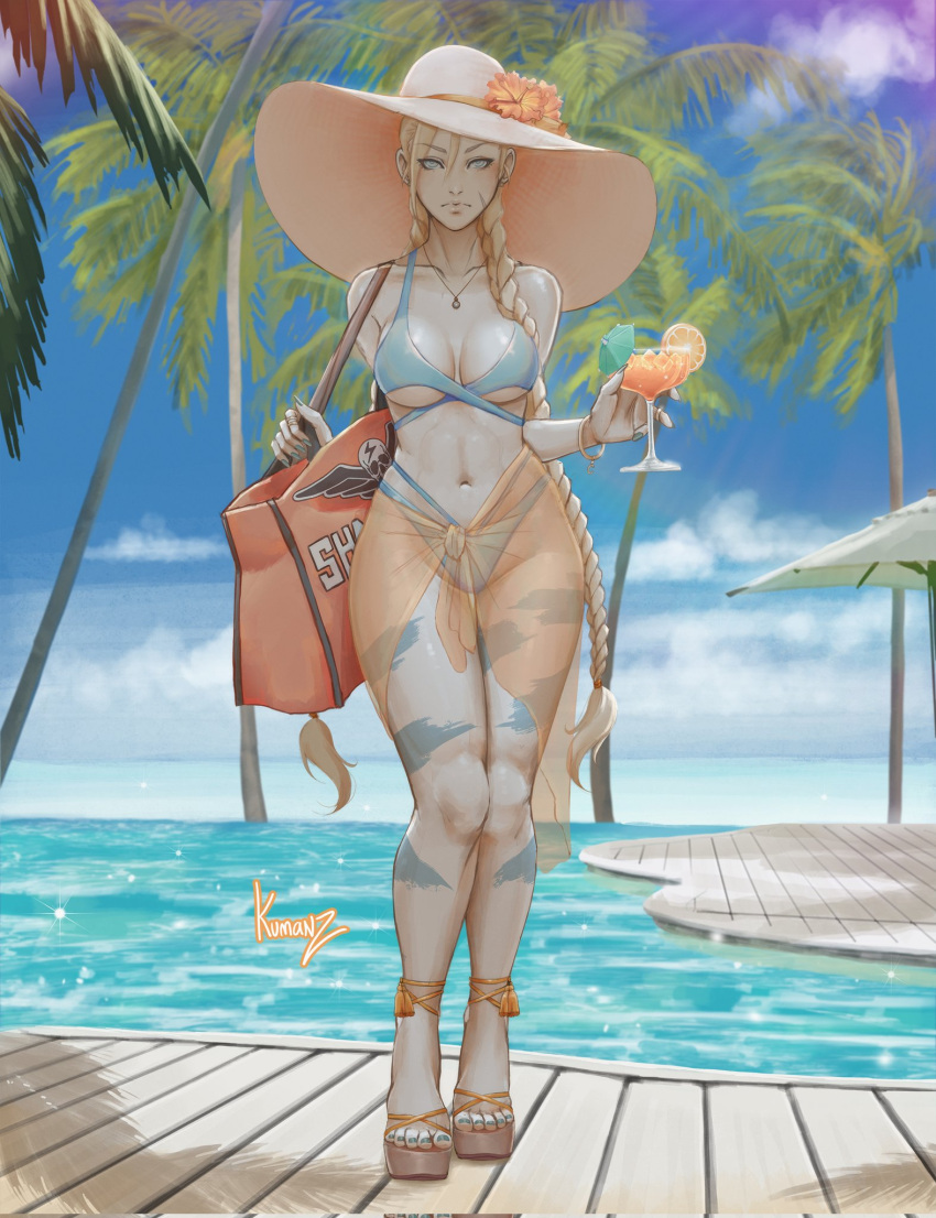 bikini cammy_white drink kumanzart looking_at_viewer see-through see-through_clothing street_fighter swimsuit