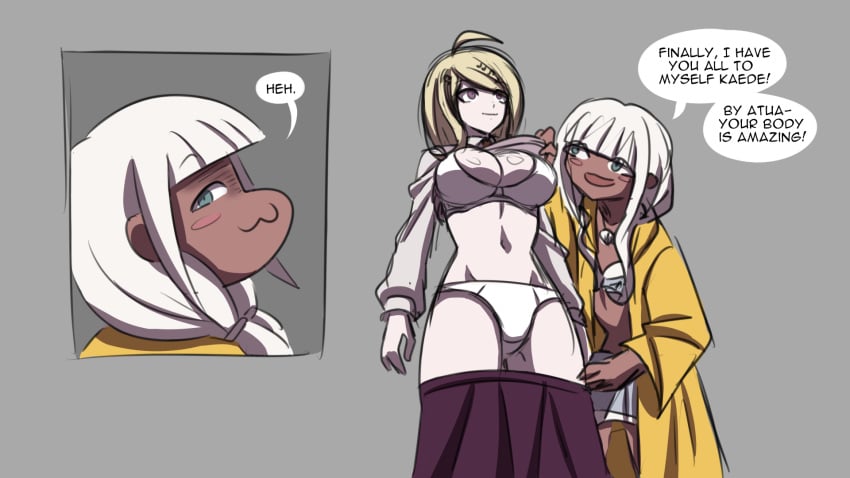 ahoge akamatsu_kaede alternate_universe assisted_exposure blonde_hair blue_eyes bra breasts comic danganronpa danganronpa_v3 dark-skinned_female dark_skin electrickronos empty_eyes erect_nipples erect_nipples_under_clothes expressionless femdom femsub hair_ornament happy_trance hypnosis large_breasts long_hair mind_control nipples nipples_visible_through_clothing panties purple_eyes school_uniform shirt_lift skirt skirt_down skirt_pull smile smug standing_at_attention straight_hair tan_skin text underwear undressing undressing_another white_hair yonaga_angie yuri