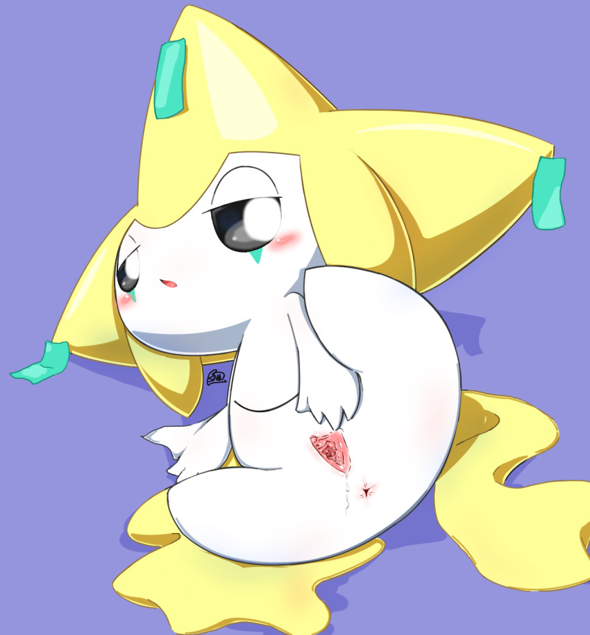 anthro anysone_leg_up blue_background blush bodily_fluids female genital_fluids genitals half-closed_eyes hi_res jirachi legendary_pokemon lying narrowed_eyes nintendo on_side pokémon_(species) pokemon pokemon_(species) pussy pussy_juice sanusanu signature simple_background solo spread_pussy spreading video_games white_body