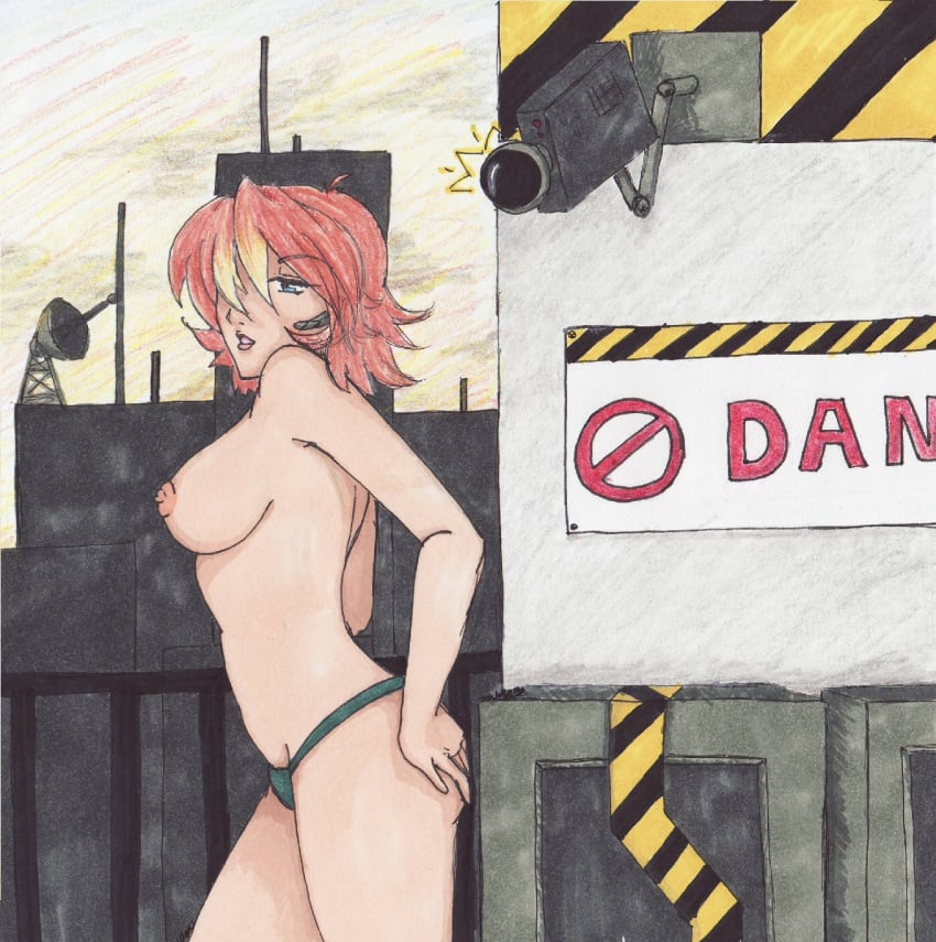 breasts clothing color earpiece female female_only human joanna_dark nipples pale_skin perfect_dark pointy_chin red_hair security_camera side_view solo standing tagme vampiric-wolf