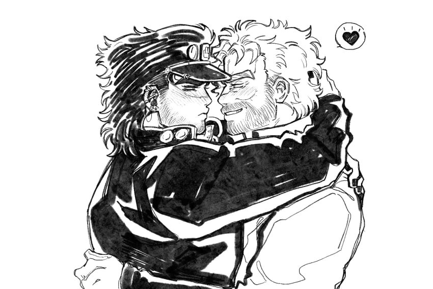 2boys aged_up arms_around_shoulders arms_around_waist beard black_fingernails blush brunet clothed earring earrings embrace eye_contact furrowed_brow furrowed_eyebrows gay grandfather_and_grandson hand_in_hair heart incest jijimago jojo's_bizarre_adventure joseph_joestar jotaro_kujo looking_at_partner magojiji male_focus male_only monochrome old_joseph painted_nails playful pout prosthetic_hand salt_and_pepper_hair sfw smile smirk stardust_crusaders wrinkles