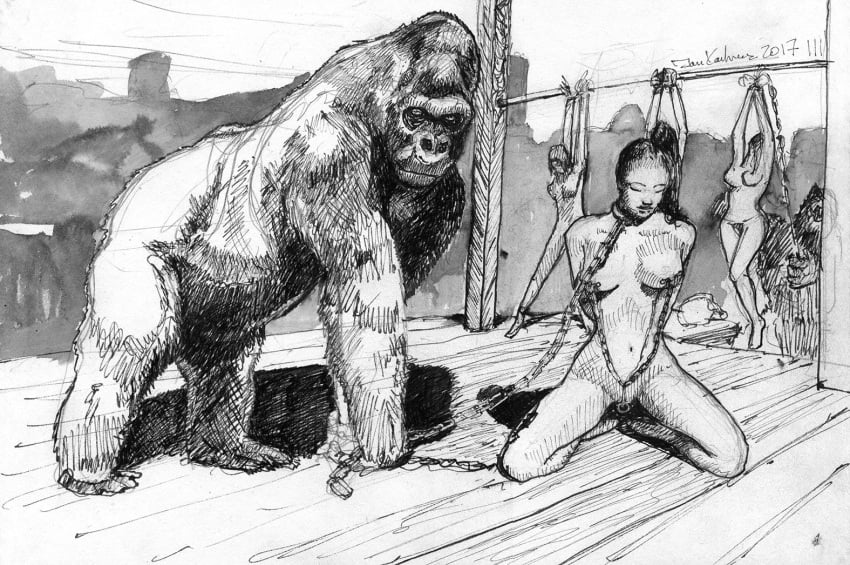 2017 ambiguous_gender ape breasts chains closed_eyes collar female feral gorilla group haplorhine holding_leash holding_object human jandraws kneeling leash mammal monochrome nipple_chain nipple_piercing nipples nude piercing primate signature slave_market