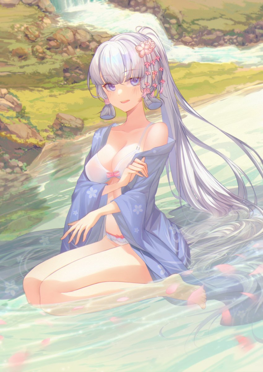 1girls akochan aqua_hair bare_shoulder barefoot big_breasts blue_eyes blush bra breasts cleavage clothed collarbone cute dress dutch_angle embarrassed eye_contact female female_focus female_only flower_in_hair genshin_impact hair_accessory highres kamisato_ayaka legs light-skinned_female long_hair looking_at_viewer open_clothes open_mouth outdoors outside panties ponytail see-through solo undressing very_long_hair wariza white_bra white_hair white_panties