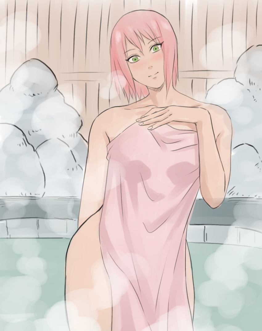 blush cherrycola completely_nude covering covering_self curvaceous curvy curvy_female curvy_figure female female_only fence hot_spring looking_at_viewer naked naked_towel naruto naruto:_the_last naruto_(series) naruto_shippuden onsen partially_submerged sakura_haruno shoulder_length_hair smile solo solo_focus standing steam towel towel_only water wet wet_body wet_hair wet_skin wide_hips wooden_fence