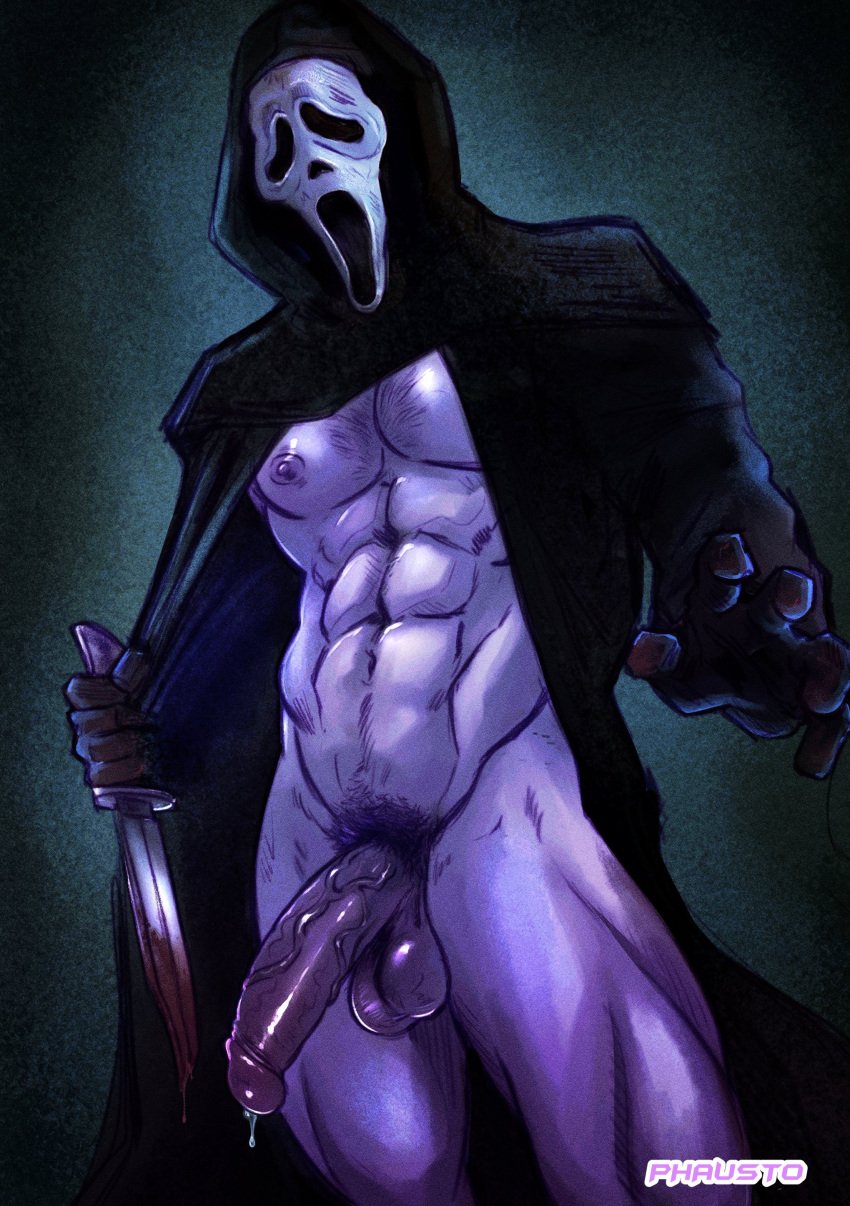 1boy abs absurdres artist_name bara big_penis black_coat black_gloves blood blood_on_knife blood_on_weapon chest_hair coat erect_nipples flaccid ghostface gloves highres holding holding_knife holding_weapon hood hood_up hooded_coat knife large_pectorals long_coat male male_focus male_only male_pubic_hair mask muscular muscular_male navel nipples nude open_clothes open_coat pectorals penis phausto pubic_hair robe scream_(franchise) solo thick_thighs thighs weapon