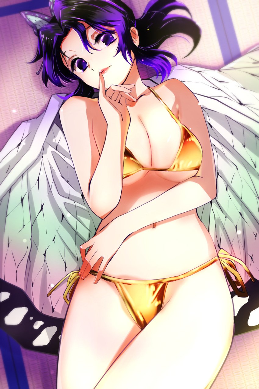 bikini butterfly_hair_ornament cleavage dark_hair demon_slayer female female_only finger_to_mouth golden_bikini haori kimetsu_no_yaiba kochou_shinobu looking_at_viewer medium_breasts on_back purple_eyes purple_hair side-tie_bikini solo swimsuit tatami underboob yutaka_tanaka