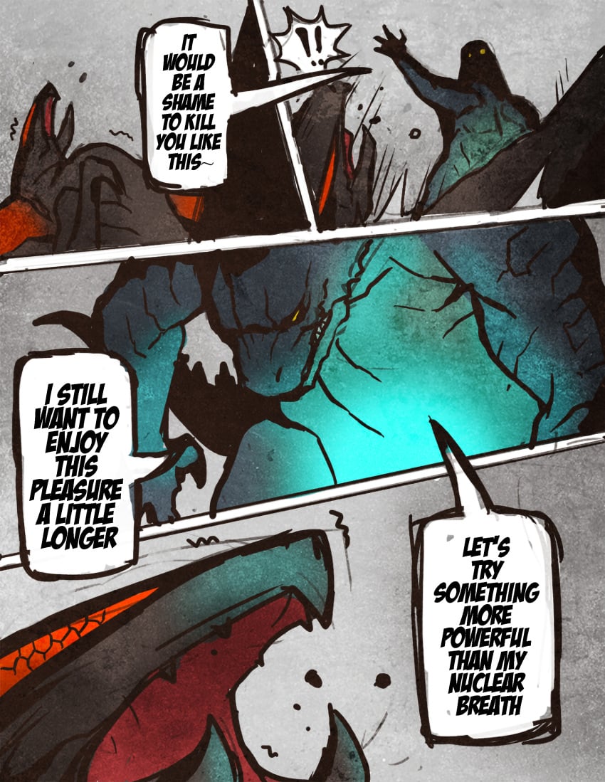 2014 4_panel_comic absurd_res anthro comic dialogue duo english_text feral gay glowing godzilla godzilla_(series) hi_res jacketbear kaiju lizard macro male monsterverse muto_(godzilla) open_mouth pixiv reptile scalie smoke spikes teeth text translated translation_check