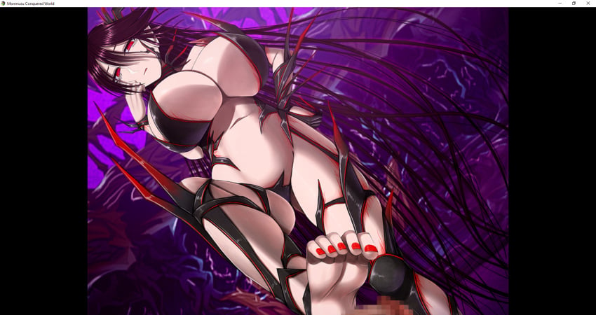 big_breasts black_hair censored dieselmine limp_penis looking_at_penis looking_down monmusu_conquered_world monster_girl mosaic_censoring penis red_eyes screenshot stepping_on_penis the_orte visual_novel