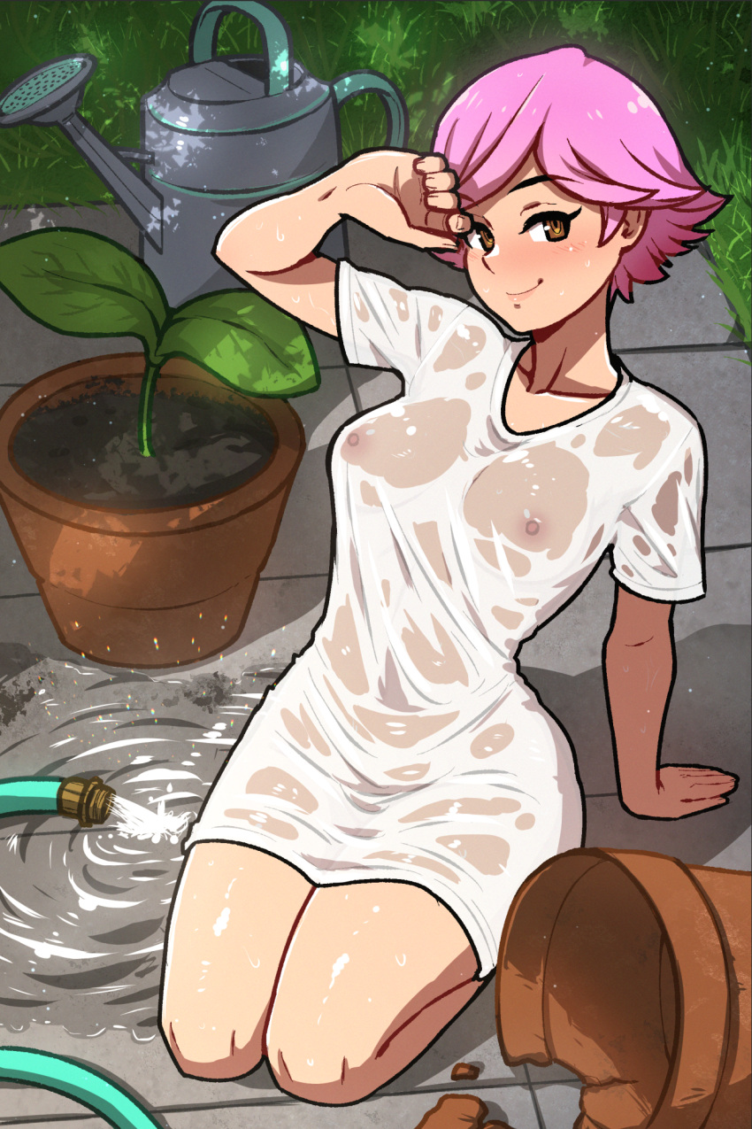 1girls akairiot animal_crossing animal_crossing_girl hi_res highres hose nintendo nipples nipples_visible_through_clothing only_player outdoors outside pink_hair potted_plant puddle see-through see-through_clothing short_hair solo solo_female villager_(animal_crossing) watering_can wet wet_clothes