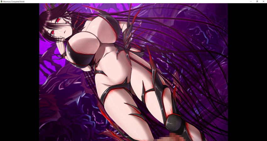 big_breasts black_hair censored dieselmine limp_penis looking_at_penis looking_down monmusu_conquered_world monster_girl mosaic_censoring penis red_eyes screenshot the_orte visual_novel