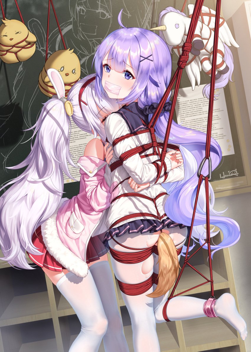 2girls arms_tied_behind_back azur_lane bangs blue_eyes bondage bound_legs buttplug closed_eyes femdom femsub forced_yuri fur-trimmed_jacket fur_trim gag gagged haneru indoors jacket laffey_(azur_lane) long_hair long_sleeves looking_at_viewer looking_back multiple_girls off_shoulder one_leg_up pantyhose pink_jacket pleated_skirt purple_hair purple_skirt red_rope red_skirt rope school_uniform shirt tape_gag thighhighs torn_pantyhose unicorn_(azur_lane) very_long_hair white_legwear white_pantyhose white_shirt white_thighhighs x_hair_ornament