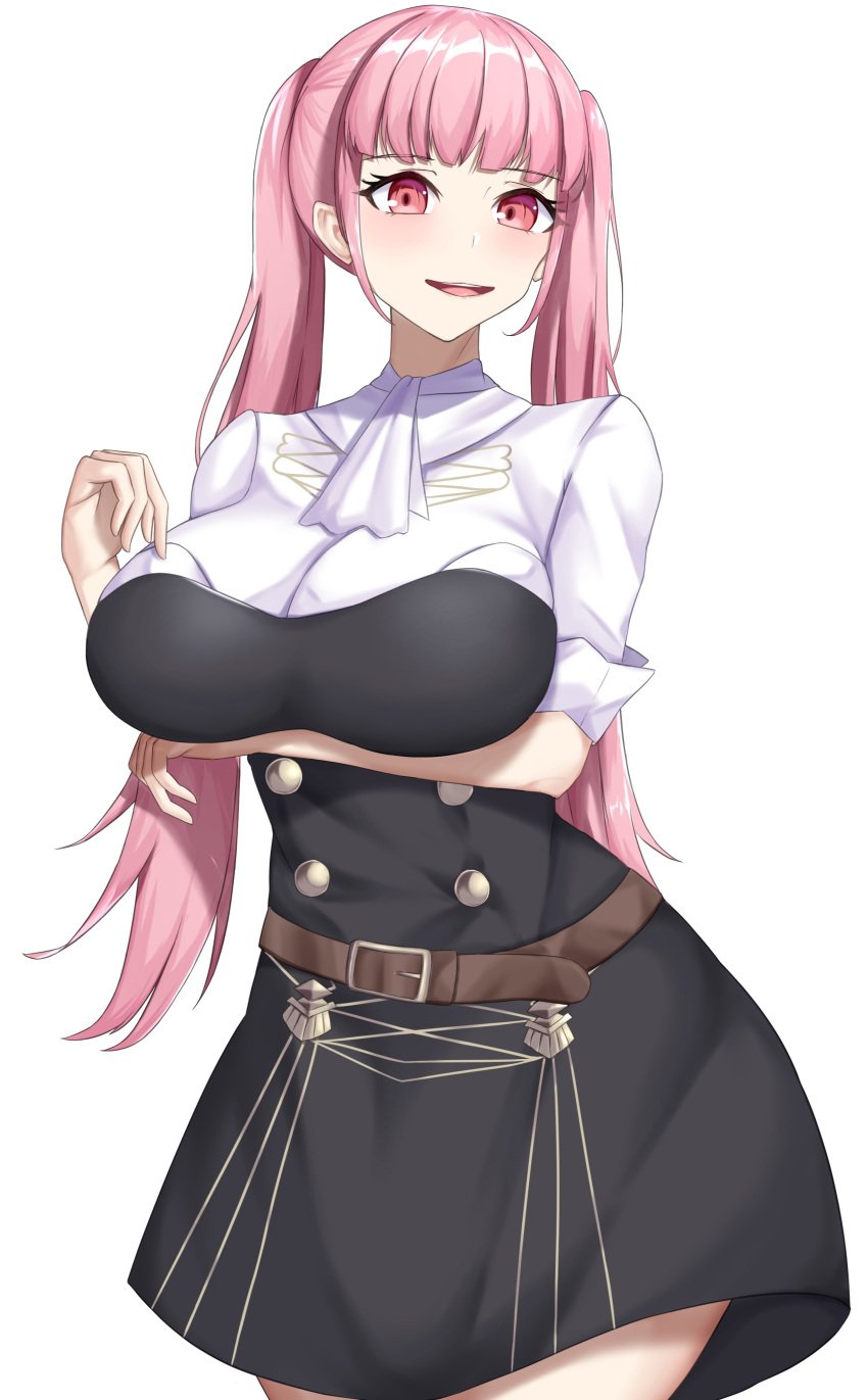 1girls arm_under_breasts bare_thighs breasts female female_only fire_emblem fire_emblem:_three_houses garreg_mach_monastery_uniform hilda_valentine_goneril large_breasts long_hair nintendo open_mouth pink_eyes pink_hair sharen smile solo thighs twintails