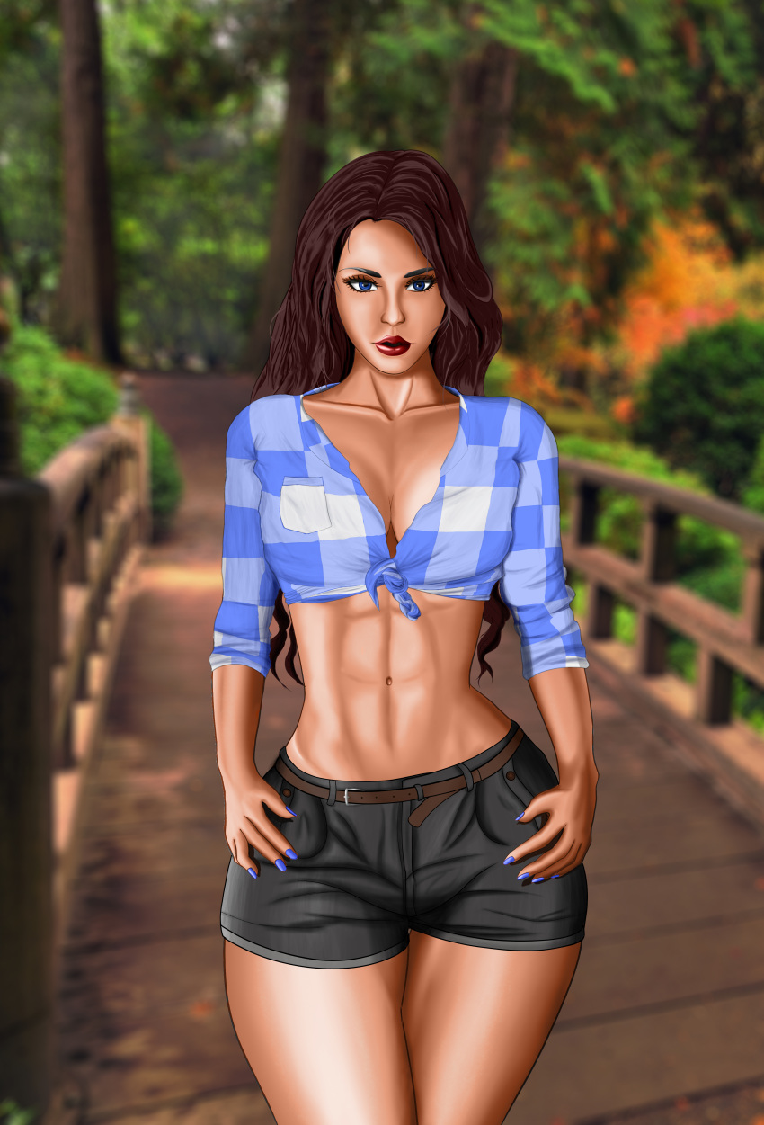 1girls abs blue_eyes blue_shirt breasts brown_hair charliejax clothed clothing female female_only fit fit_female grey_shorts looking_at_viewer muscular muscular_female navel solo solo_female tanned tanned_skin thick_thighs