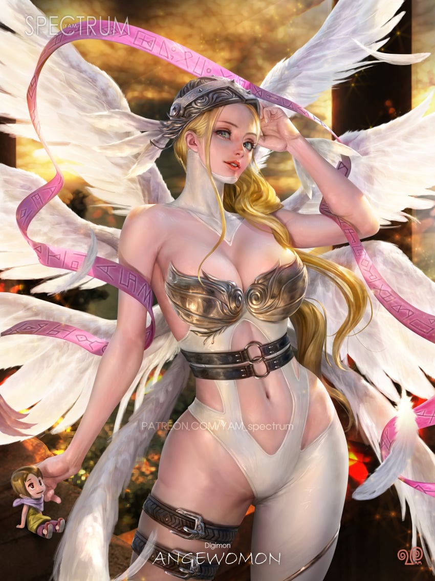 1girls 8_wings angel angel_wings angewomon big_breasts blonde_hair blue_eyes breasts chest_plate cleavage digimon digimon_adventure female female_only helmet kari_kamiya large_breasts long_hair mask mask_lift navel pinup skimpy smile solo_focus wings yam_spectrum