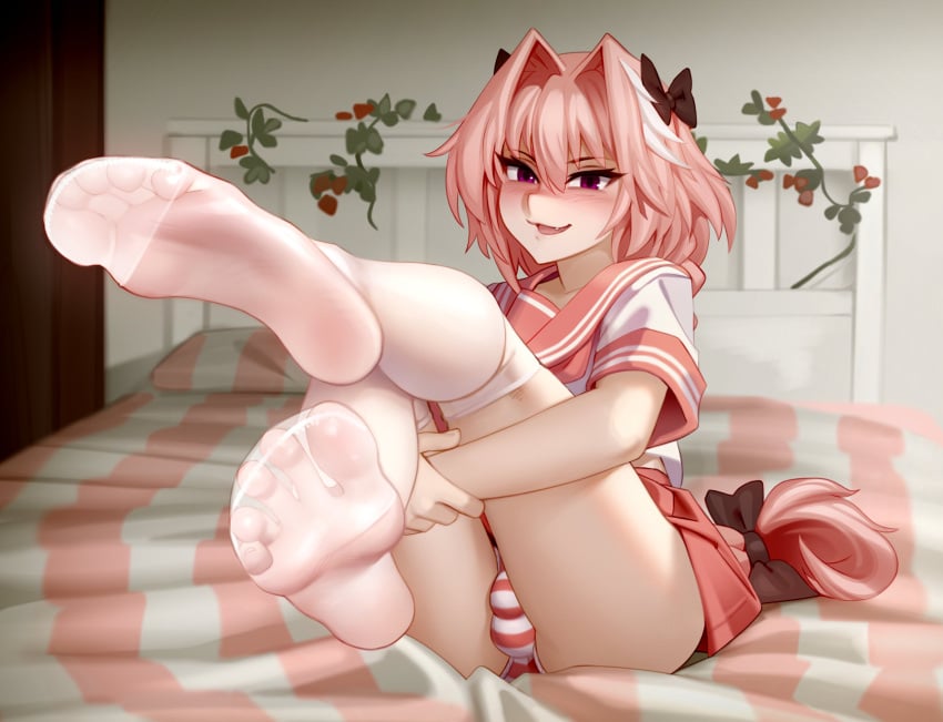 1boy astolfo_(fate) blush bow braid bulge fate/apocrypha fate_(series) feet femboy foot_fetish foot_focus girly greek_toe horny kairuhentai kairunoburogu light_skin long_hair looking_at_viewer male male_only on_bed panties pink_hair pov_feet presenting presenting_feet school_uniform see-through smile solo striped_panties thighhighs toes trap