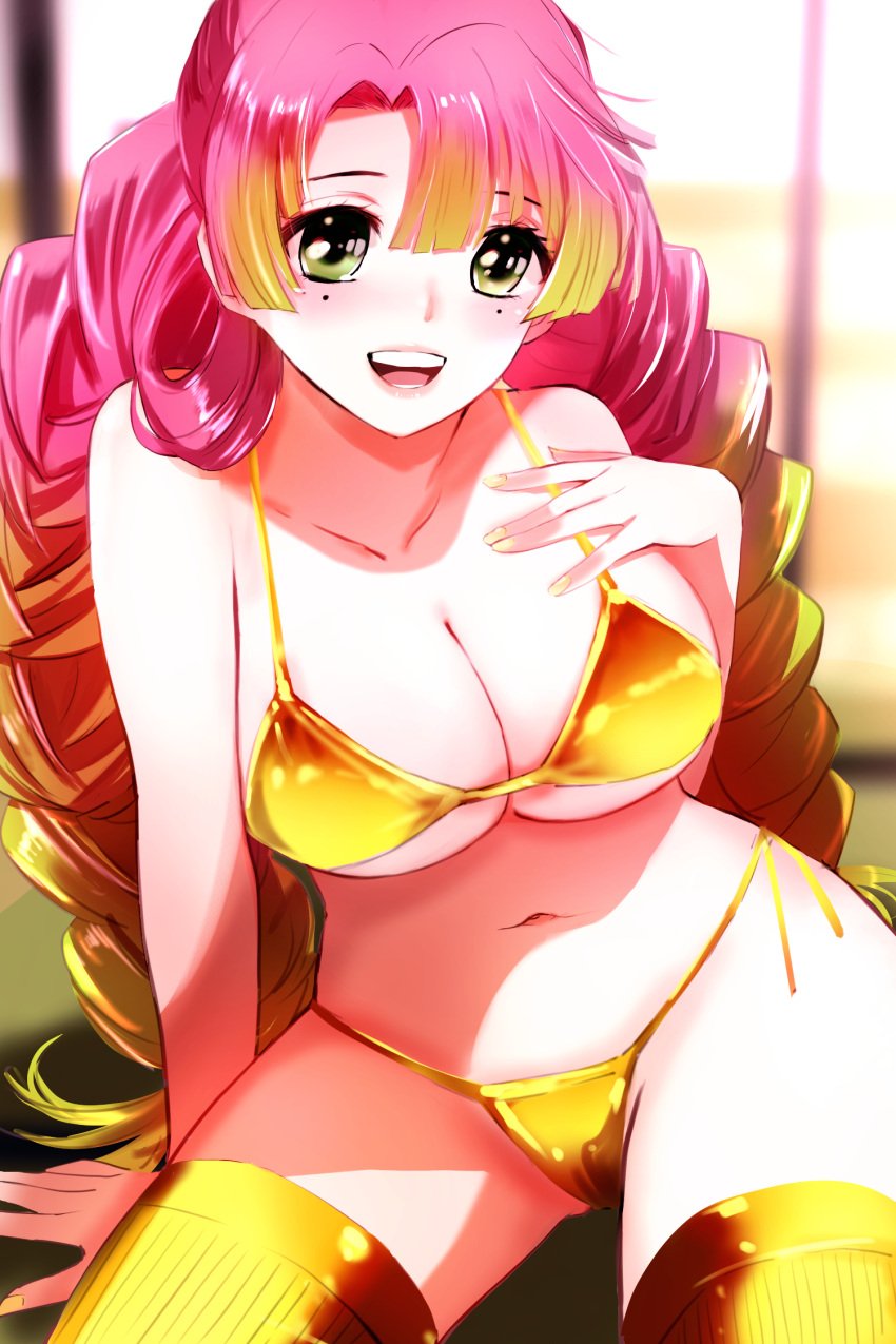 alternate_costume big_breasts bikini blush braided_hair cleavage demon_slayer female female_only gold_bikini golden_bikini green_eyes kanroji_mitsuri kimetsu_no_yaiba long_hair looking_at_viewer mole_under_eye nail_polish open_mouth pink_hair side-tie_bikini smile solo swimsuit thick_thighs two_tone_hair underboob yellow_nails yutaka_tanaka