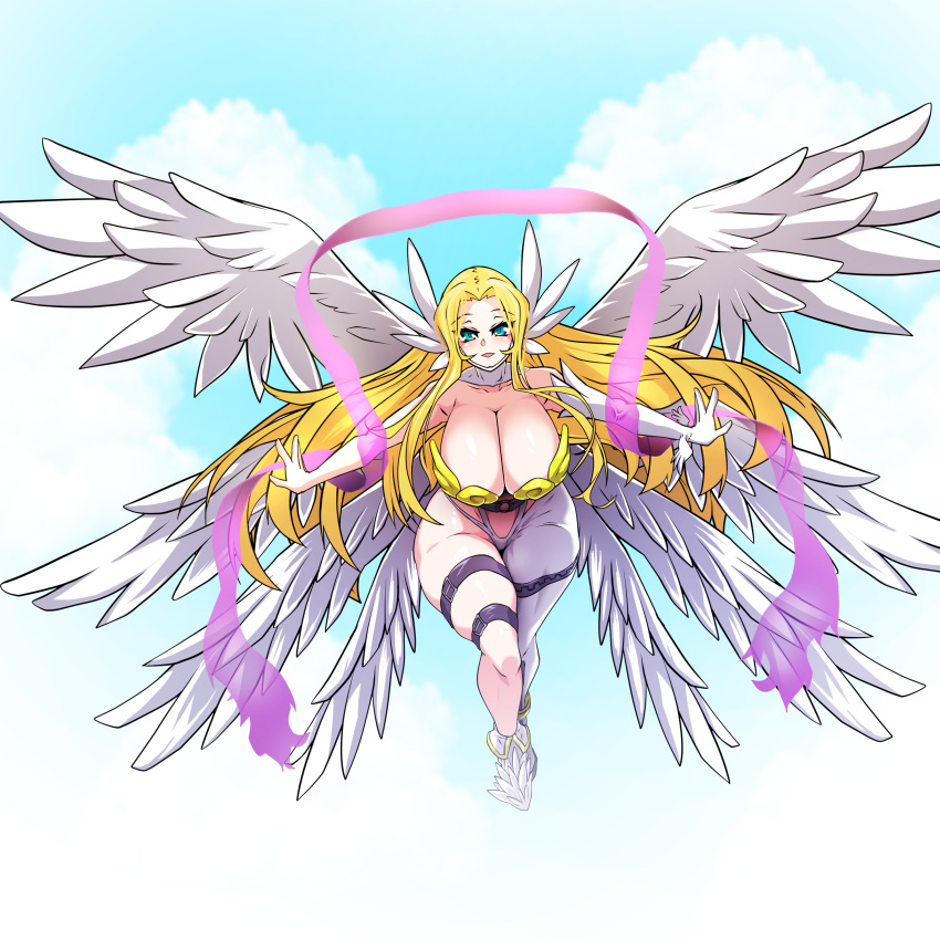 1girls alternate_version_available angel angel_wings angewomon big_breasts blonde_hair blue_eyes cleavage digimon feathered_wings h_earth huge_breasts solo solo_female tagme thick thick_thighs