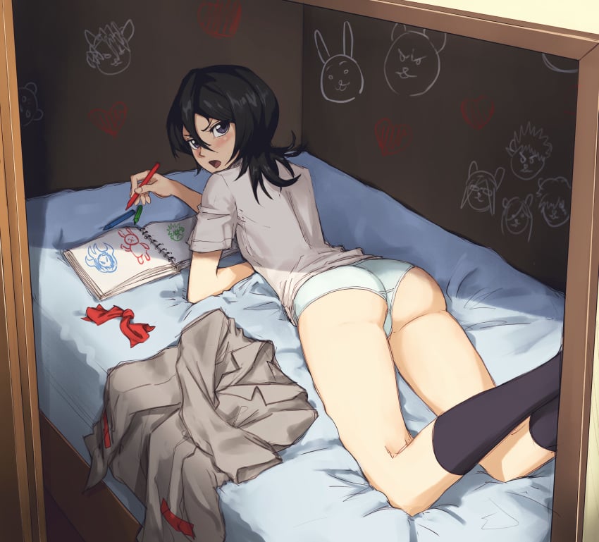 1girls arm_rest arm_support ass back_view bare_legs bare_thighs black_hair black_socks blazer bleach blush book bottomless closet crayon doodles drawing female female_only from_behind holding_object indoors jacket jacket_removed knee_socks kneehighs kneesocks kuchiki_rukia legwear light-skinned_female light_skin long_hair long_socks looking_at_viewer looking_back lying lying_on_stomach no_skirt on_stomach open_mouth ozkh panties partially_clothed petite petite_body pov purple_eyes rear_view round_ass school_uniform shirt short smaller_female socks solo solo_focus underwear wall_writing