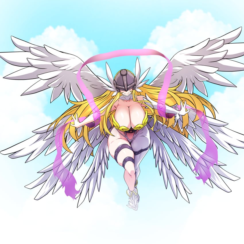 1girls 8_wings alternate_version_available angel angel_wings angewomon big_breasts blonde_hair cleavage covered_eyes digimon feathered_wings h_earth huge_breasts solo solo_female tagme thick thick_thighs wings