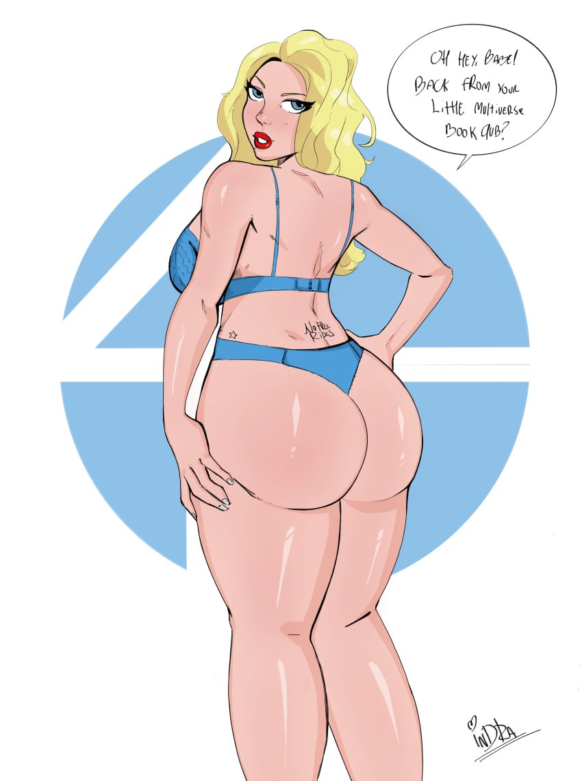 1girls ass big_ass blonde blonde_female blonde_hair blue_eyes blue_panties blue_thong body_writing bra fantastic_four fat_ass female female_only human human_only indralvspaizuri invisible_woman light-skinned_female light_skin lingerie lipstick long_hair looking_back marvel panties pawg reed_richards solo solo_female speech_bubble sue_storm superheroine tattoo text thick_ass thick_thighs thong thong_panties thong_underwear tramp_stamp underwear wide_hips