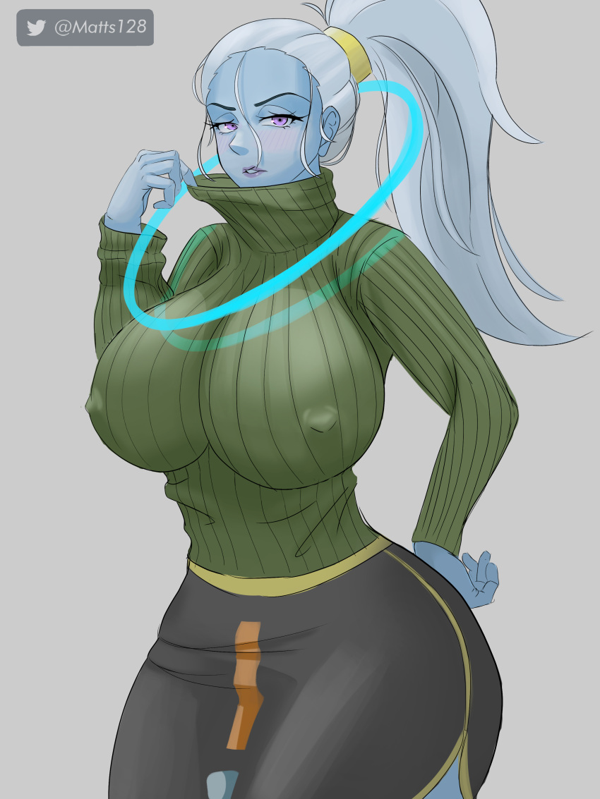 1girls angel_(dragon_ball) ass big_ass big_breasts blue_skin blush breasts clothed dragon_ball dragon_ball_super female green_sweater hi_res highres matts128 nipple_bulge ponytail purple_hair shounen_jump solo solo_female sweater tied_hair vados white_hair wide_hips