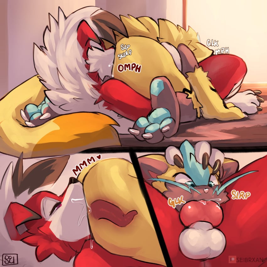 1:1 2022 3_toes 69_position anthro balls black_nose bodily_fluids claws digital_media_(artwork) dominant_male duo feet fellatio fur generation_7_pokemon genital_fluids genitals hi_res internal knot legendary_pokemon lycanroc male male_only midnight_lycanroc nintendo oral penile penis pink_nose pokémon_(species) pokemon pokemon_(species) pokemon_on_pokemon red_body red_fur saliva seibear sex submissive_female toes video_games zeraora