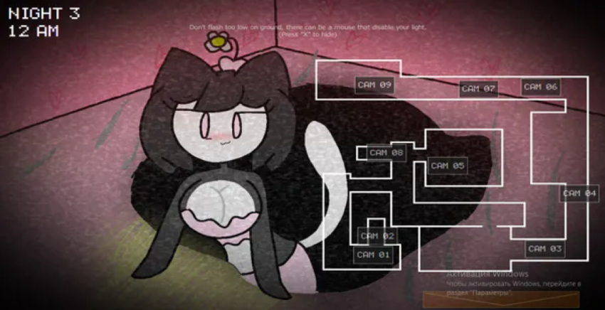 bare_shoulders black_fur black_hair blush breasts camera_view cat_ears cat_girl cat_tail cleavage clothed clothing cute disney feline five_nights_at_freddy's five_nights_at_treasure_island fnaf looking_at_viewer oh_no ortensia pink_eyes screenshot solo tail