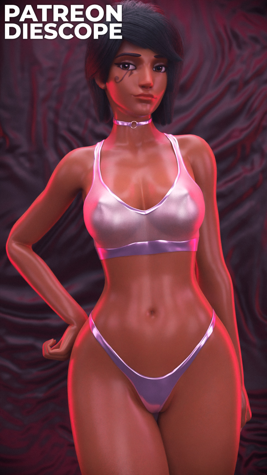 1girls 3d black_hair blender blizzard_entertainment blurry_background breasts brown_eyes clothed clothing dark-skinned_female dark_skin diescope female female_only hi_res latex latex_clothing looking_at_viewer necklace overwatch pharah pussy pussy_peek red_lipstick solo solo_female thick_thighs transparent_clothing