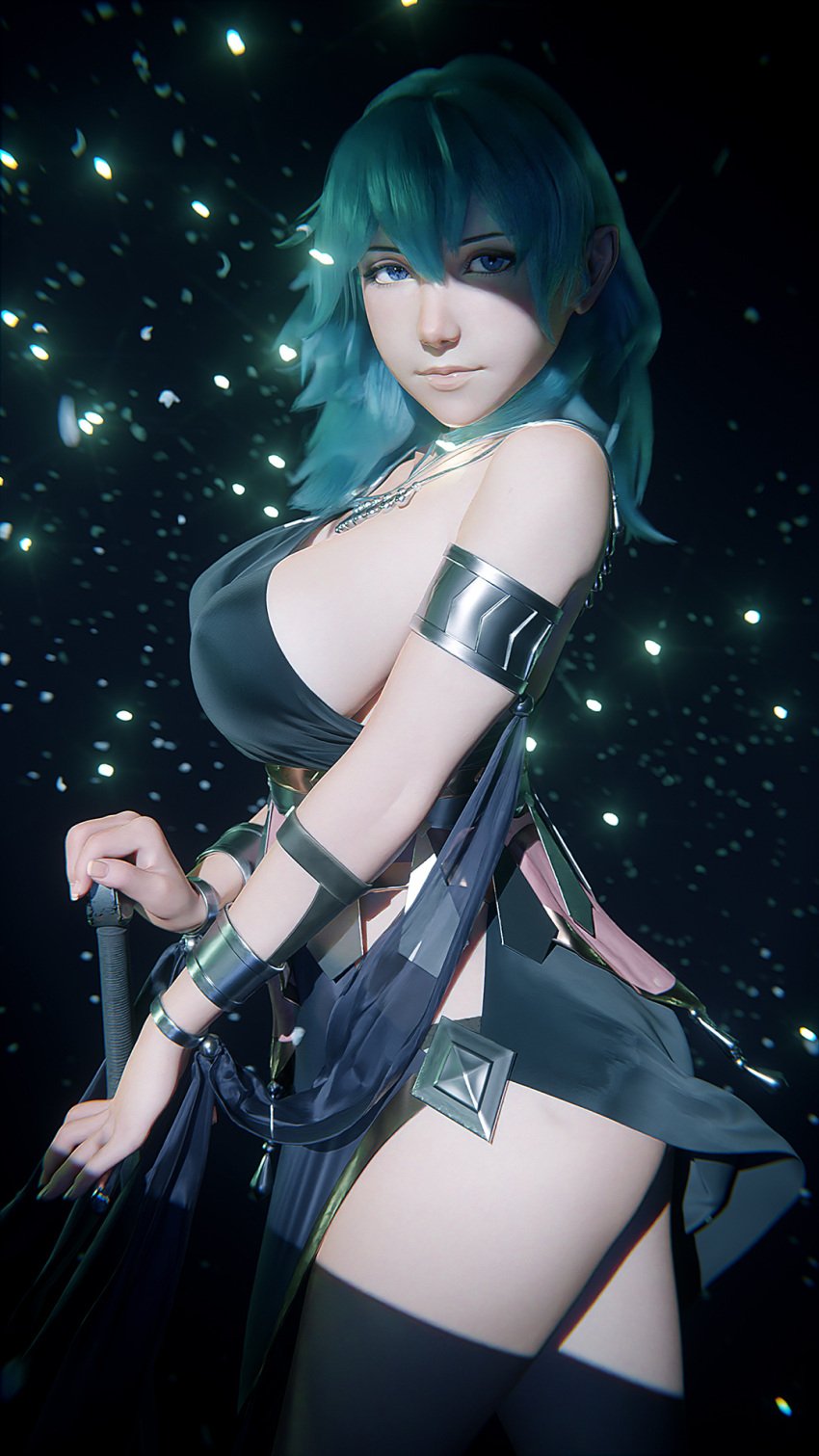 1girls 3d 9:16 alternate_costume armlet blender_(medium) blue_hair bracelet breasts byleth_(fire_emblem) byleth_(fire_emblem)_(female) chinese_commentary commentary dancer dancer_(three_houses) dark_background female female_only fire_emblem fire_emblem:_three_houses highres j9006 jewelry large_breasts light_particles looking_at_viewer medium_hair necklace nintendo official_alternate_costume pommel shade shawl sideboob solo sword teal_hair thighs weapon