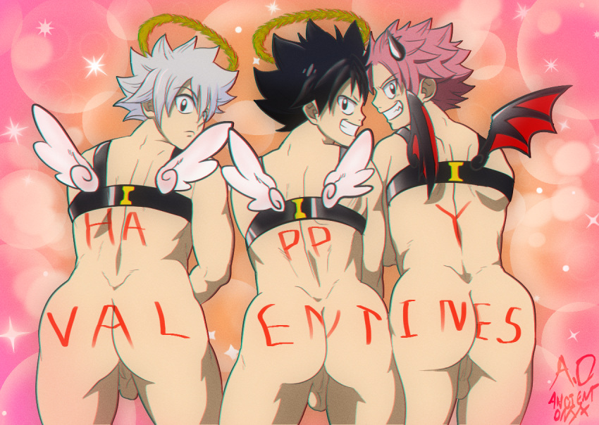 3boys ancient-onyx ass big_ass big_butt butt costume crossover edens_zero fairy_tail fat_ass fat_butt haru_glory looking_at_viewer male male_only mooning naked natsu_dragneel rave_master shiki_granbell thick_ass